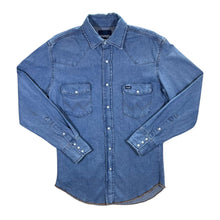 Load image into Gallery viewer, Vintage Wrangler Cowboy Western Pearl Snap Popper Blue Denim Long Sleeve Shirt
