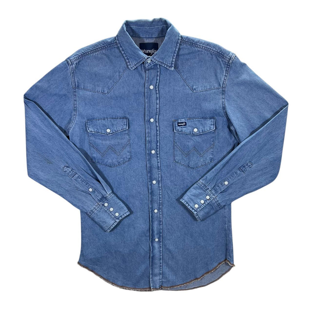 Vintage Wrangler Cowboy Western Pearl Snap Popper Blue Denim Long Sleeve Shirt