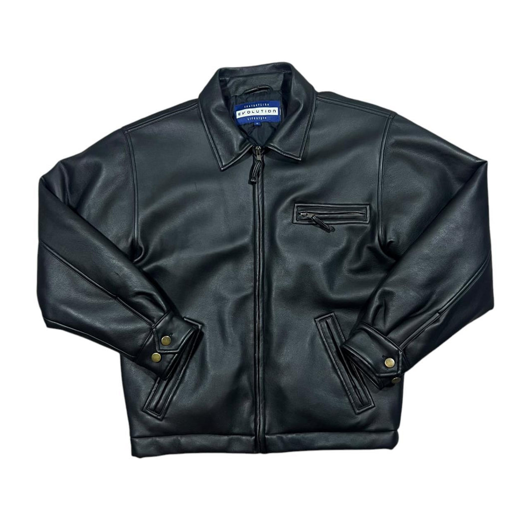 Early 00's EVOLUTION Leatherlike Classic Black Faux Leather Effect Zip Bomber Jacket