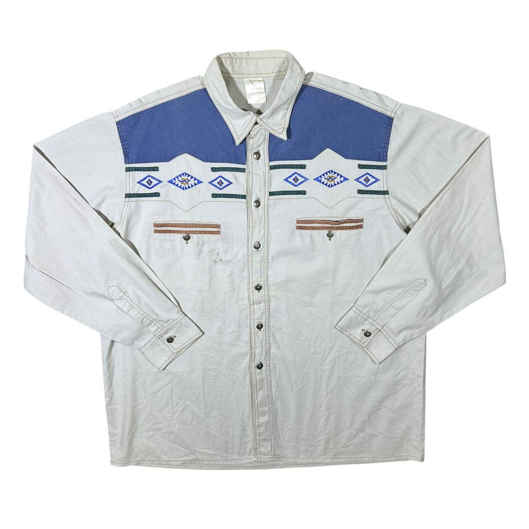 Vintage Cowboy Western Embroidered Aztec Pattern Long Sleeve Cotton Shirt