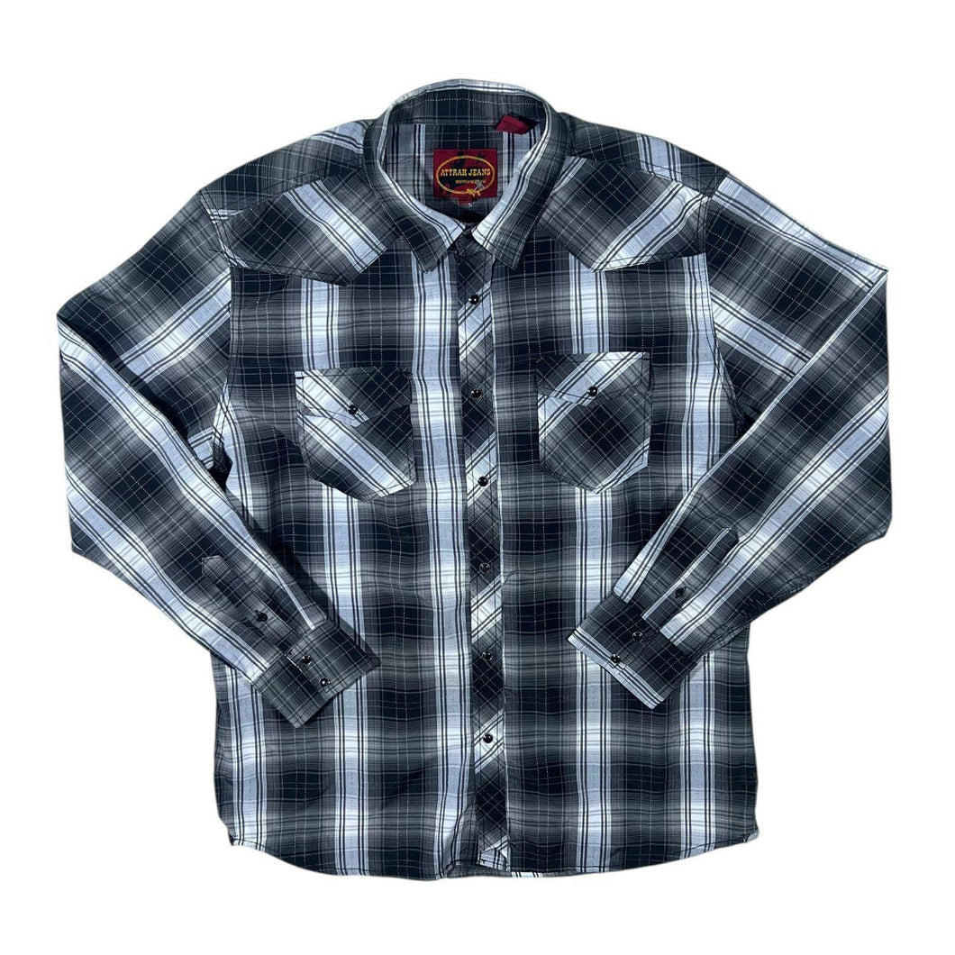 Vintage Attrak Jeans Cowboy Western Black White Grey Plaid Check Long Sleeve Popper Shirt