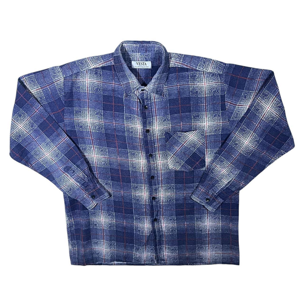 Vintage Vesta Blue Red White Plaid Check Long Sleeve Cotton Flannel Shirt