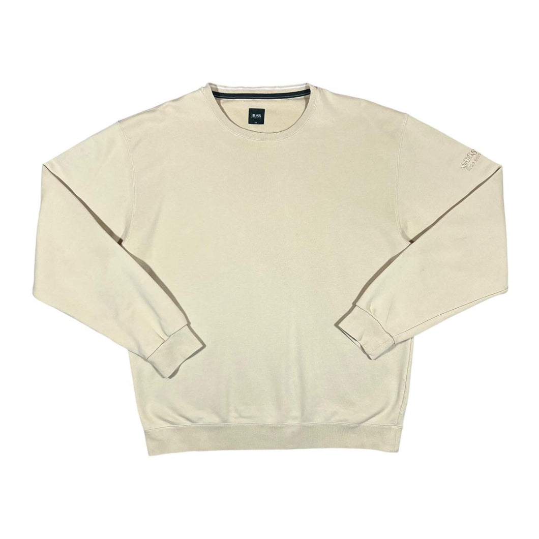 HUGO BOSS GOLF Classic Mini Sleeve Logo Cream Beige Crewneck Sweatshirt