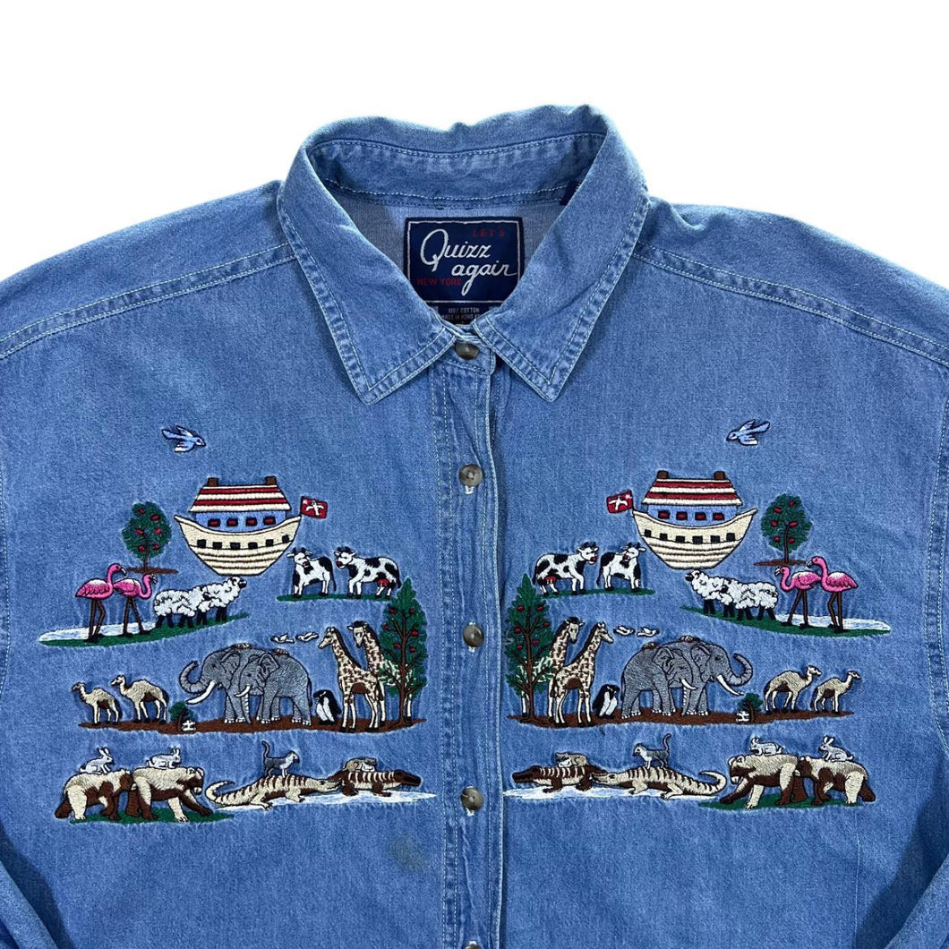Vintage 90's Let's Quizz Again Noah's Ark Embroidered Animal Blue Denim Long Sleeve Shirt