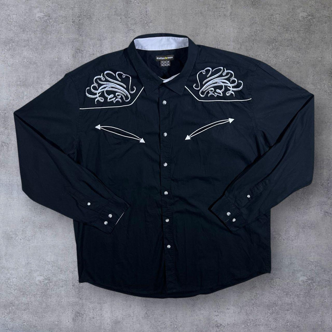 Atlas For Men Cowboy Western Black White Cotton Long Sleeve Shirt