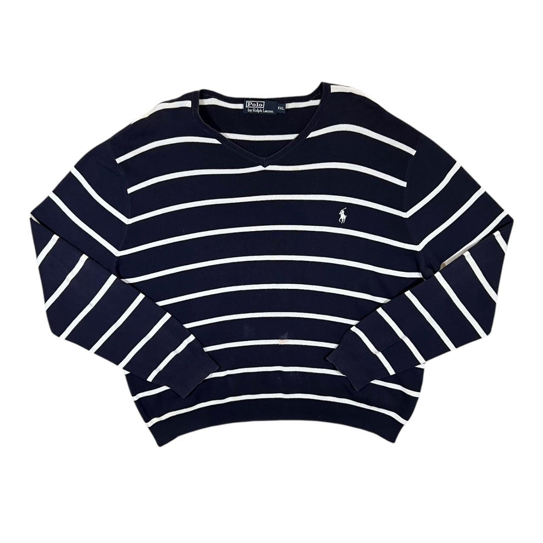 POLO RALPH LAUREN Mini Logo Navy Blue White Striped V-Neck Sweater Jumper