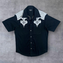 Load image into Gallery viewer, Vintage GeeZeds Rockabilly Cowboy Western Black Open Collar Short Sleeve Popper Shirt
