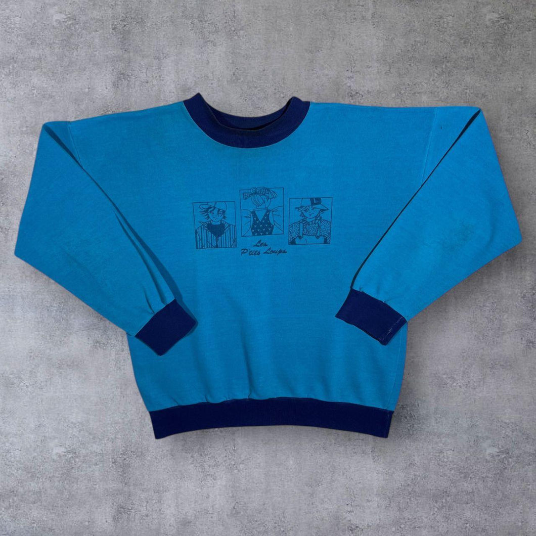 Vintage 80's Les P'tits Loups Cartoon Spellout Graphic Blue Sweatshirt