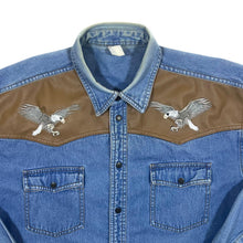 Load image into Gallery viewer, Vintage Embroidered Eagle Panel Cowboy Western Blue Denim Popper Long Sleeve Shirt
