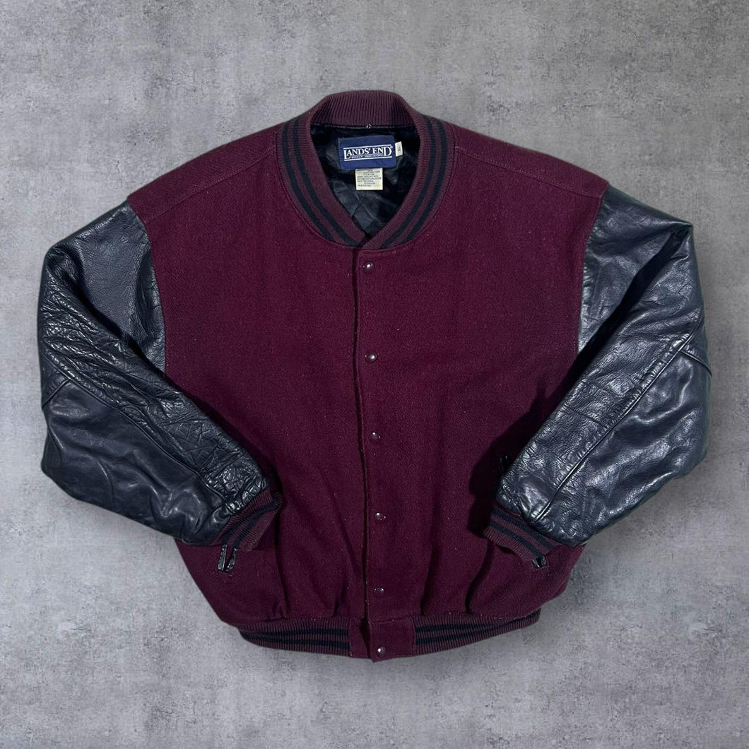 Vintage Lands End Leather Sleeve Burgundy Red Wool Blend Varsity Bomber Jacket