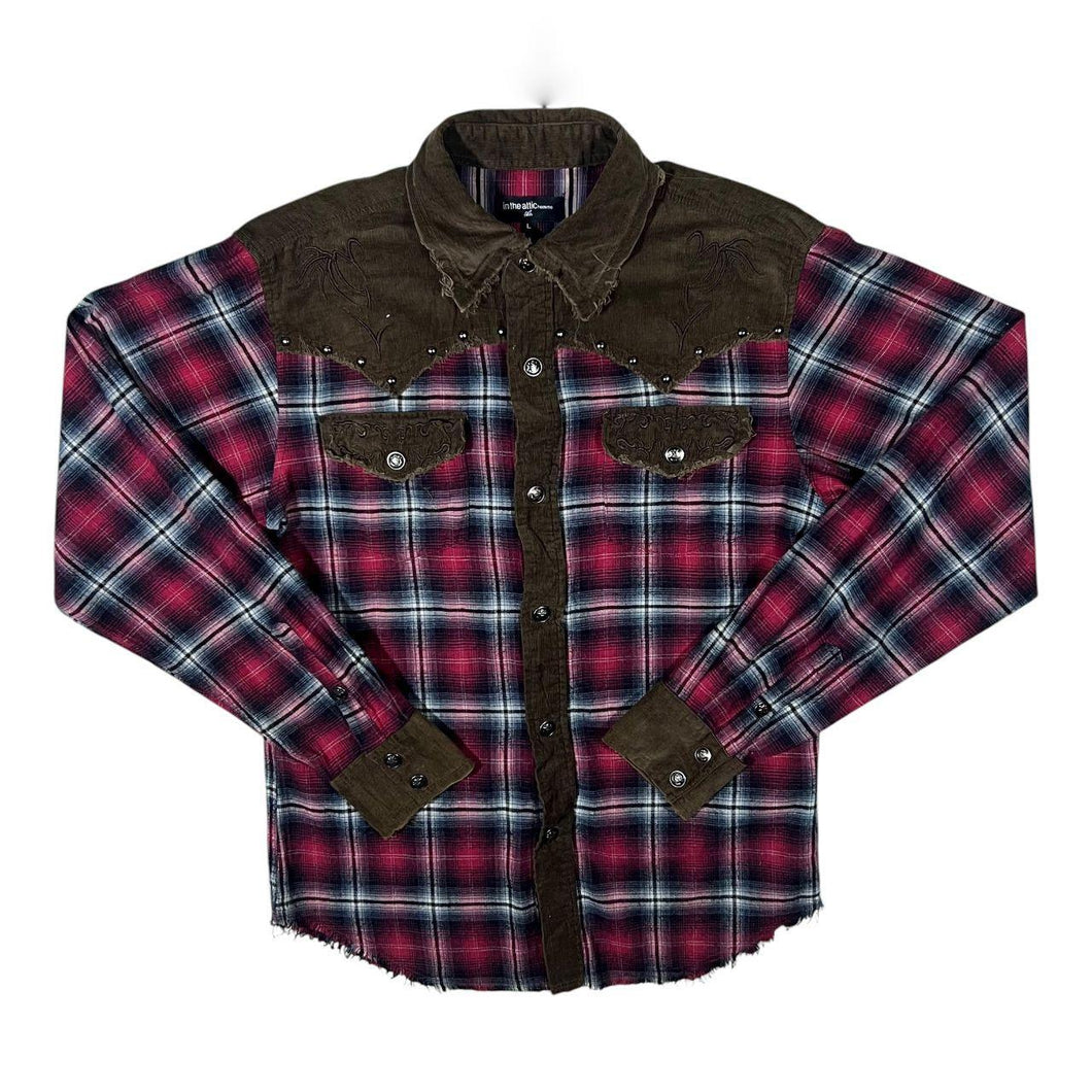 In The Attic Cowboy Western Style Plaid Check Corduroy Cord Panel Popper Long Sleeve Shirt