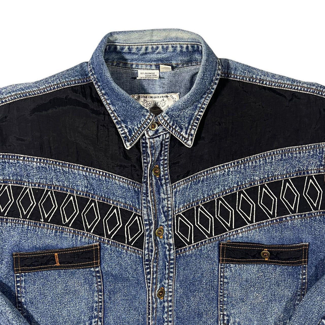 Vintage Men's Company Cowboy Western Embroidered Blue Denim Long Sleeve Shirt
