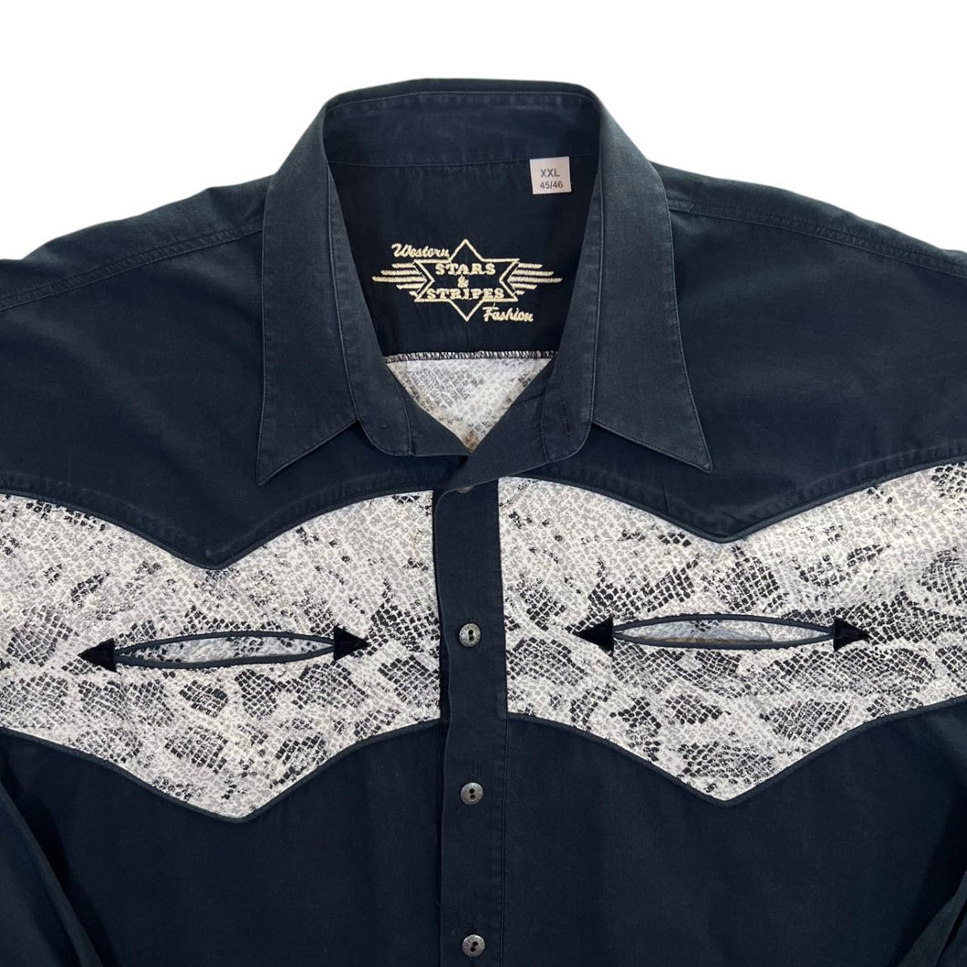Vintage Stars & Stripes Cowboy Western Snakeskin Pattern Panel Long Sleeve Cotton Shirt