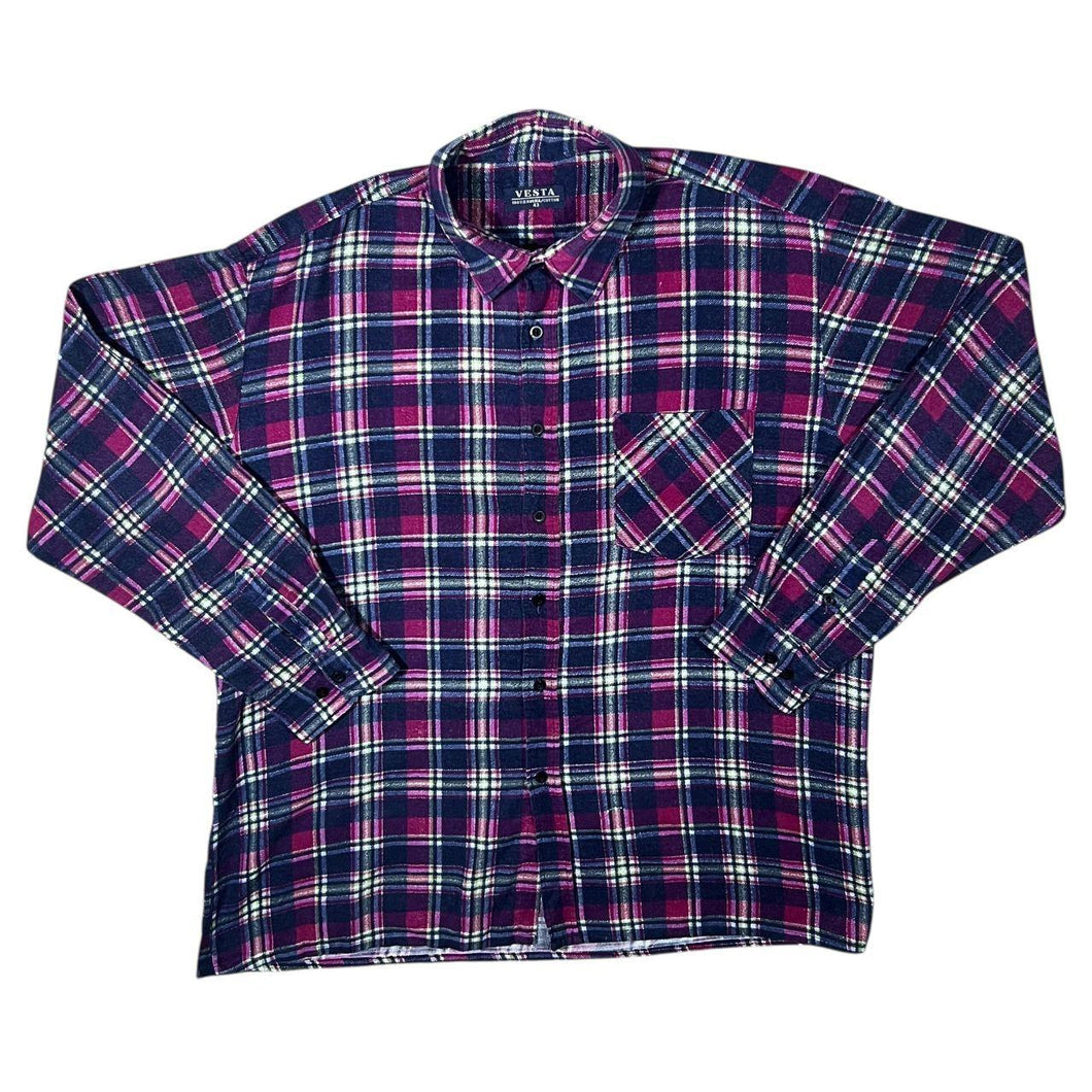 Vintage Vesta Red Black White Green Plaid Check Cotton Long Sleeve Flannel Shirt