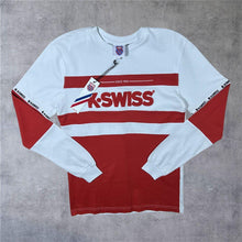 Load image into Gallery viewer, K-Swiss Embroidered Spellout Colour Block Long Sleeve White Red T-Shirt
