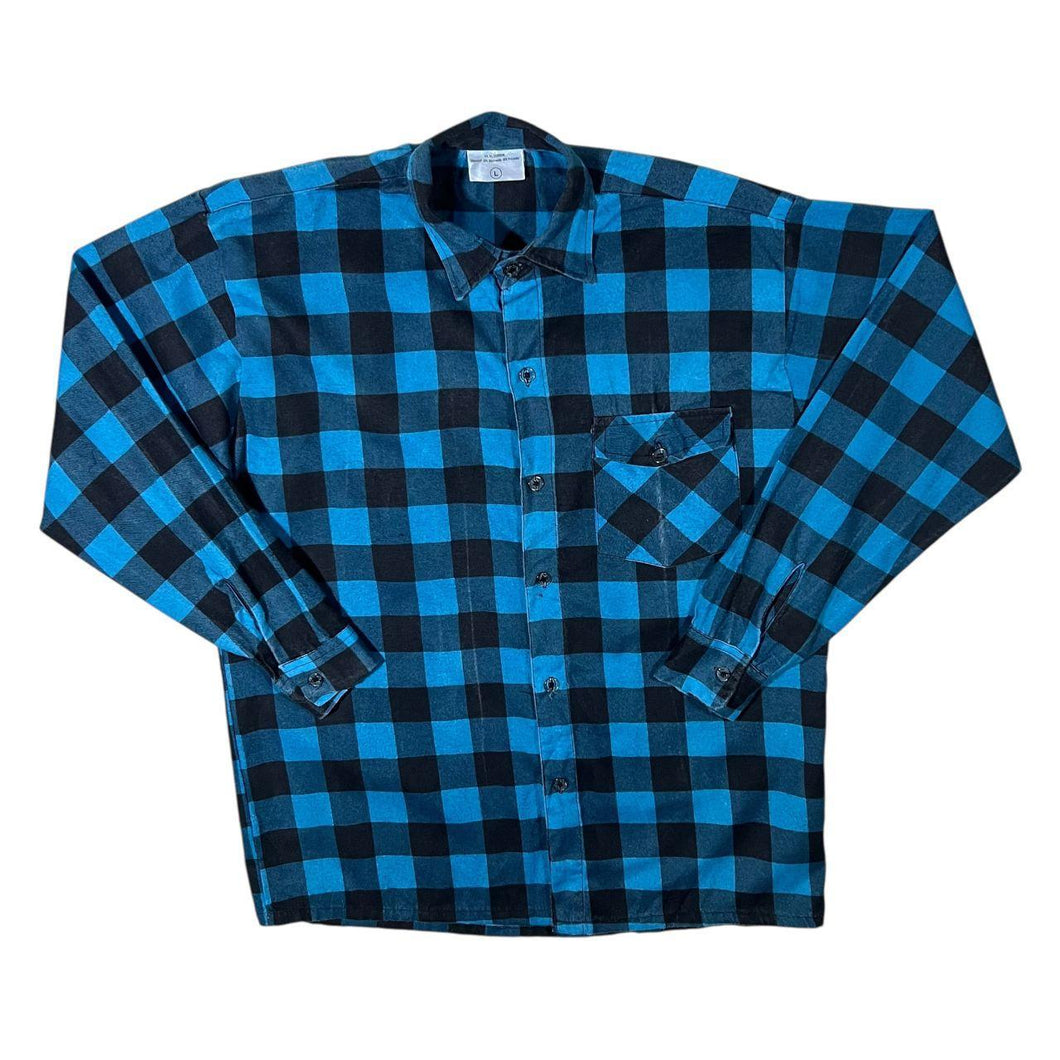 Vintage Blue Black Plaid Check Cotton Blend Long Sleeve Flannel Shirt