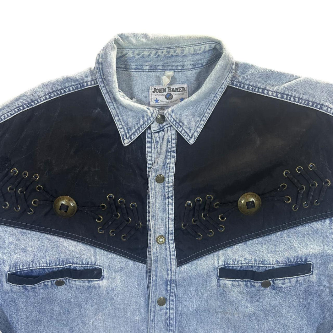 Vintage John Baner Cowboy Western Acid Wash Blue Denim Popper Long Sleeve Shirt