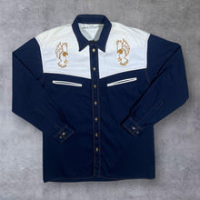 Load image into Gallery viewer, Vintage Cowboy Western Embroidered Bird Navy Blue White Long Sleeve Shirt
