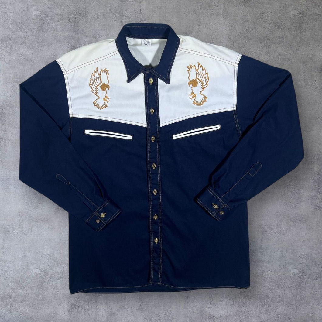 Vintage Cowboy Western Embroidered Bird Navy Blue White Long Sleeve Shirt