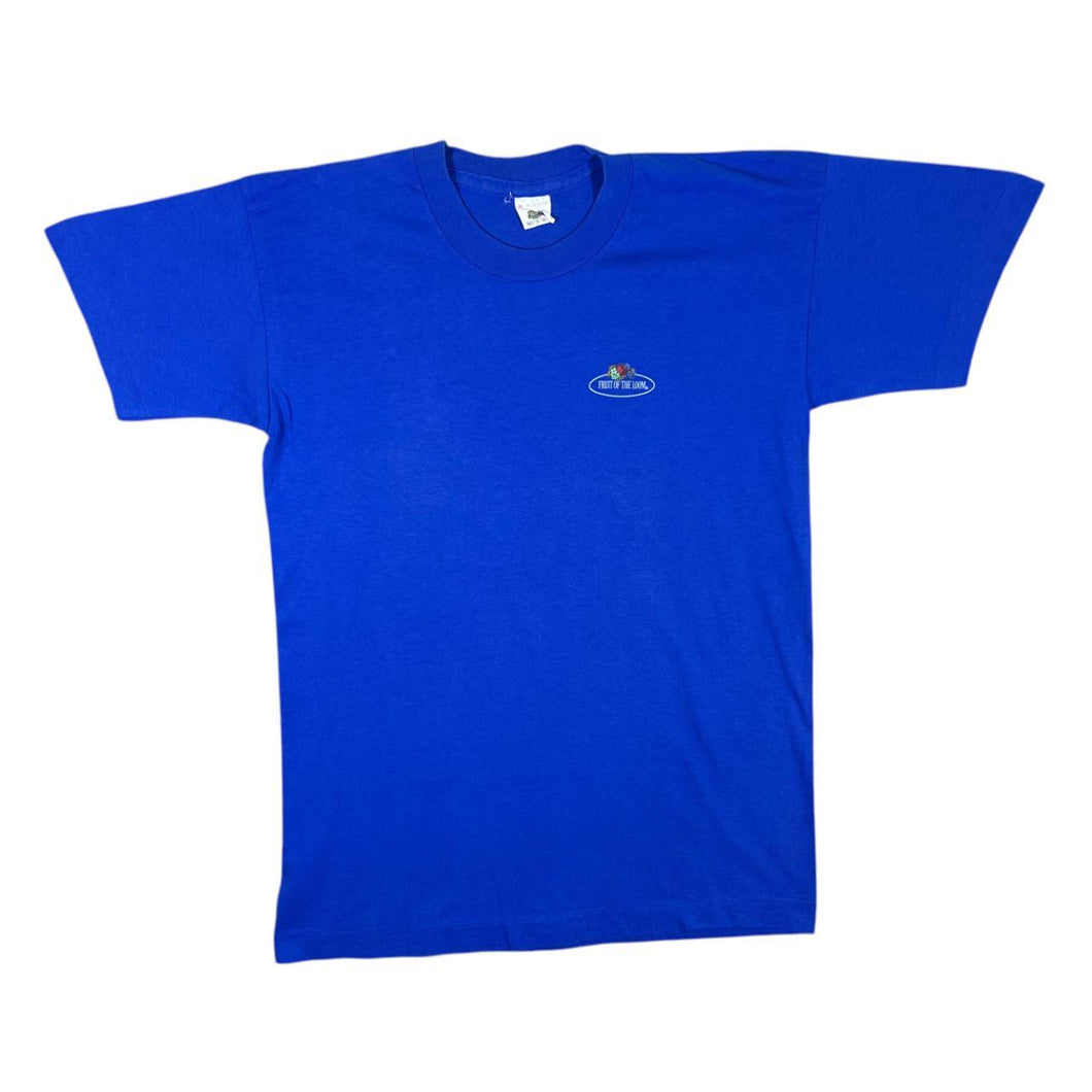 Vintage FRUIT OF THE LOOM Classic Mini Logo Graphic Blue Single Stitch T-Shirt