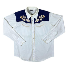 Load image into Gallery viewer, Vintage Cowboy Western Embroidered Floral White Navy Popper Long Sleeve Shirt
