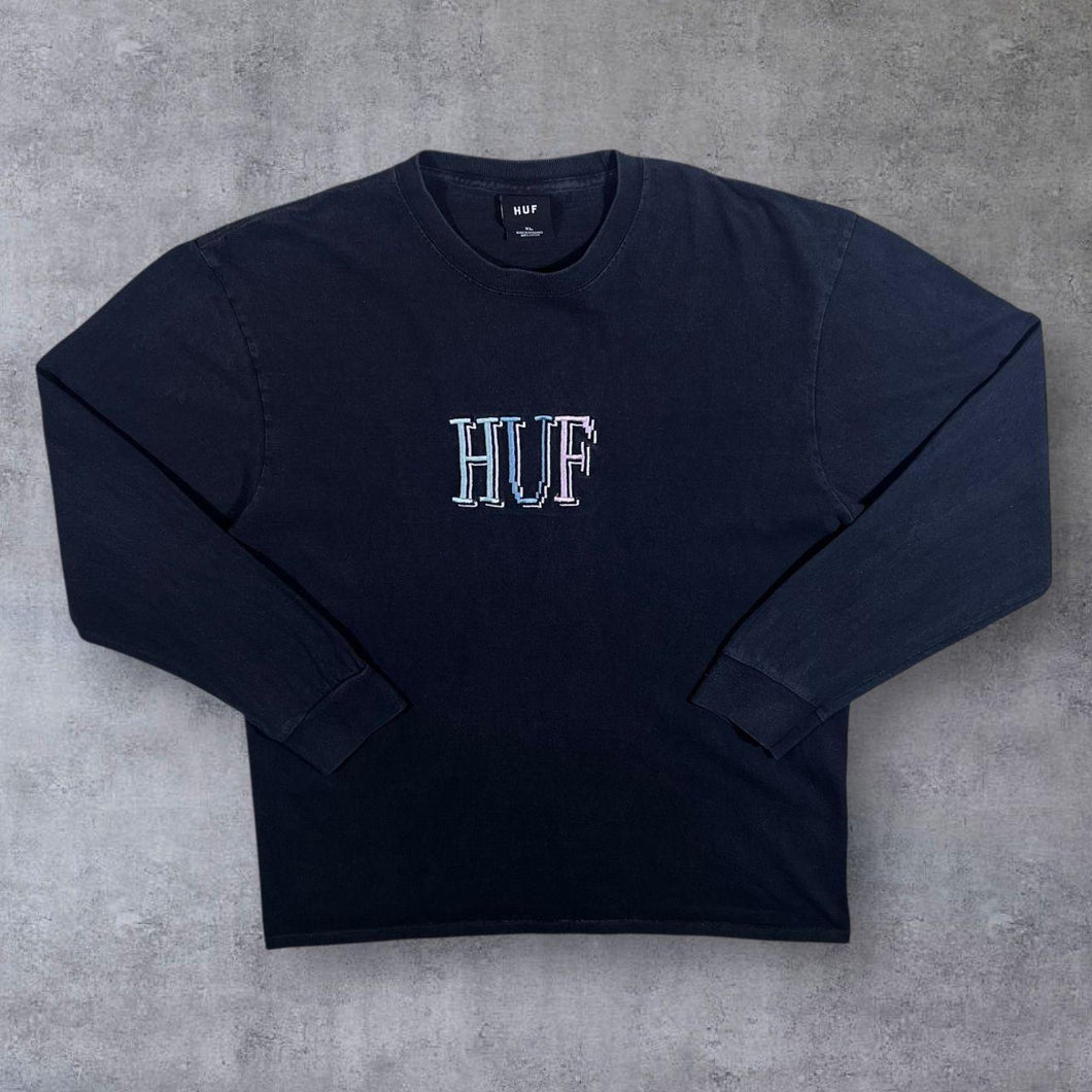 HUF Embroidered Logo Spellout Skater Black Long Sleeve Cotton T-Shirt