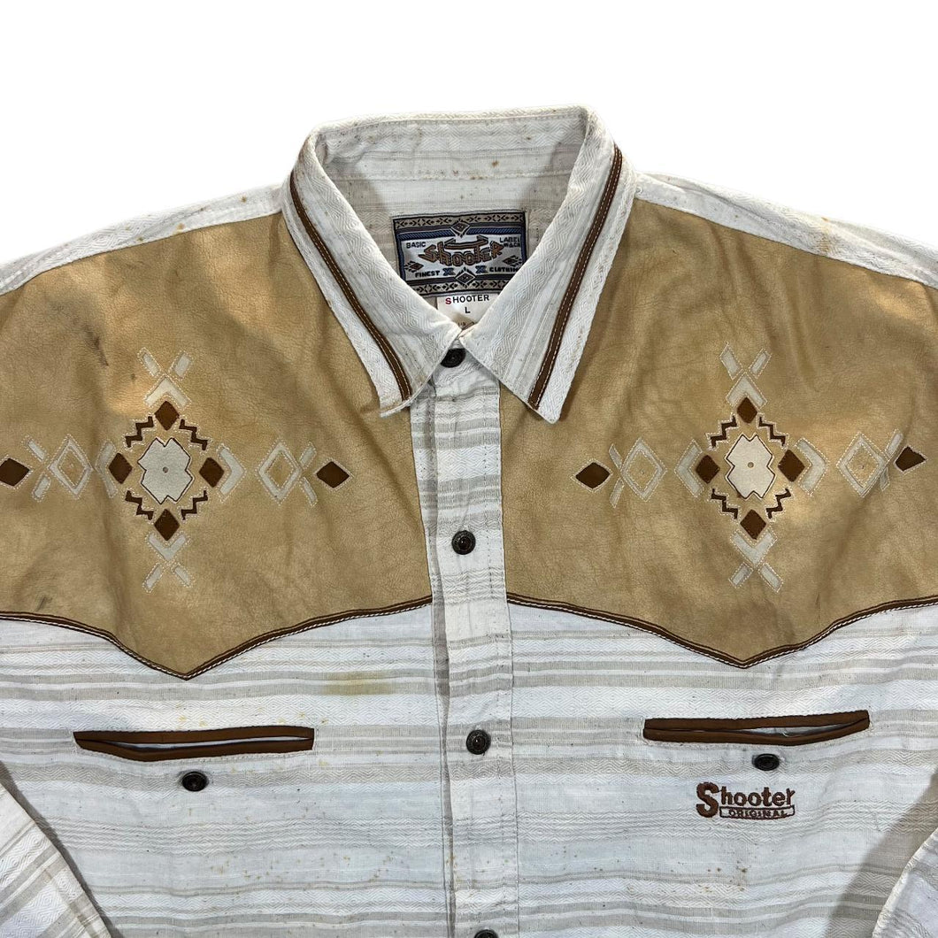 Vintage Shooter Cowboy Western Cream Striped Line Cotton Long Sleeve Shirt