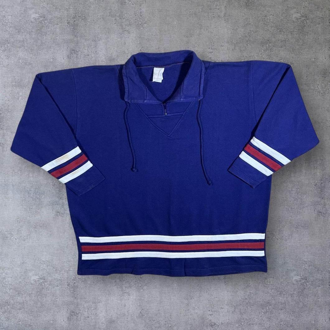 Vintage 90's Colour Block Striped Blue 1/4 Zip Cotton Pullover Sweatshirt