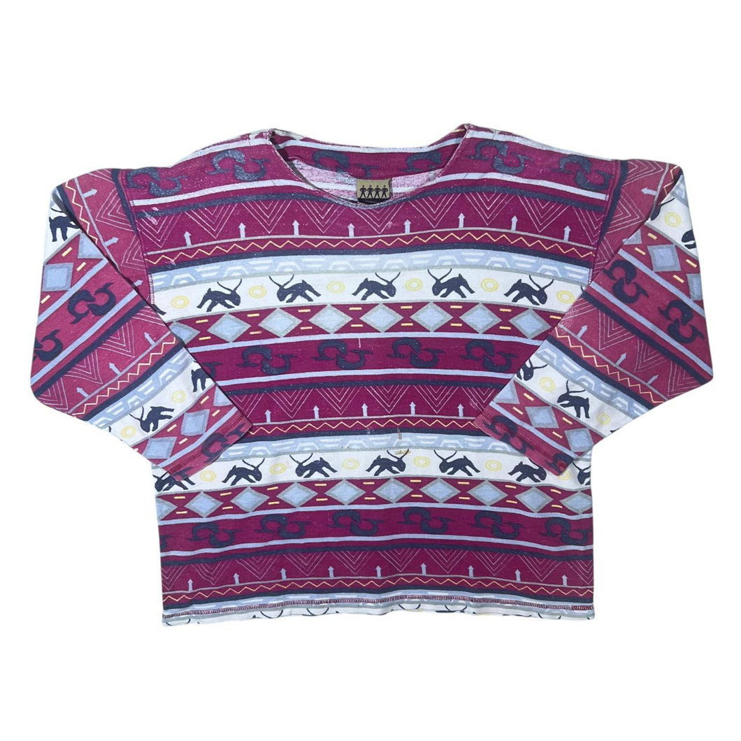 Vintage Aztec Crazy Abstract Patterned Pink Blue Cotton Long Sleeve Scoop Neck T-Shirt Top