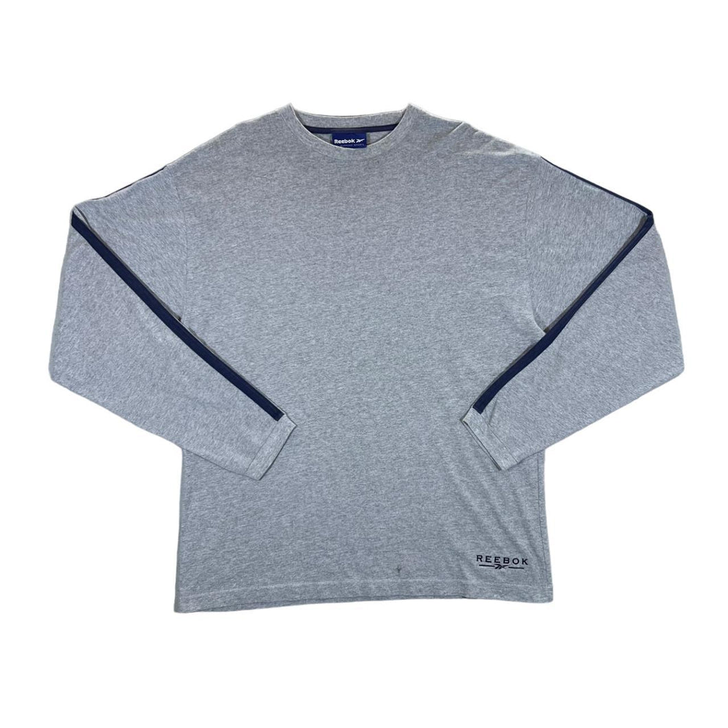 Early 00's REEBOK Embroidered Mini Logo Spellout Grey Long Sleeve T-Shirt