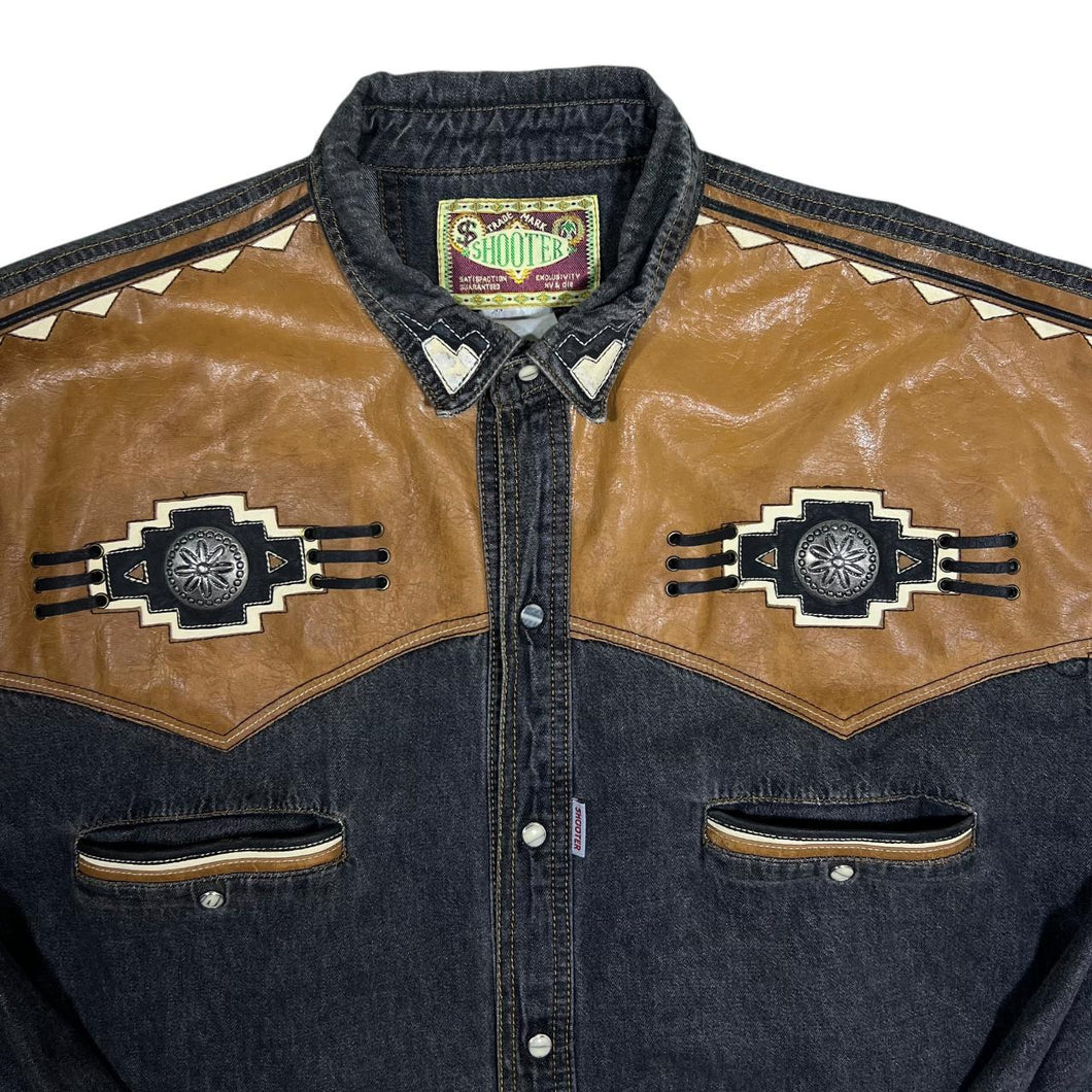 Vintage Shooter Cowboy Western Brown Leather Panel Popper Long Sleeve Shirt