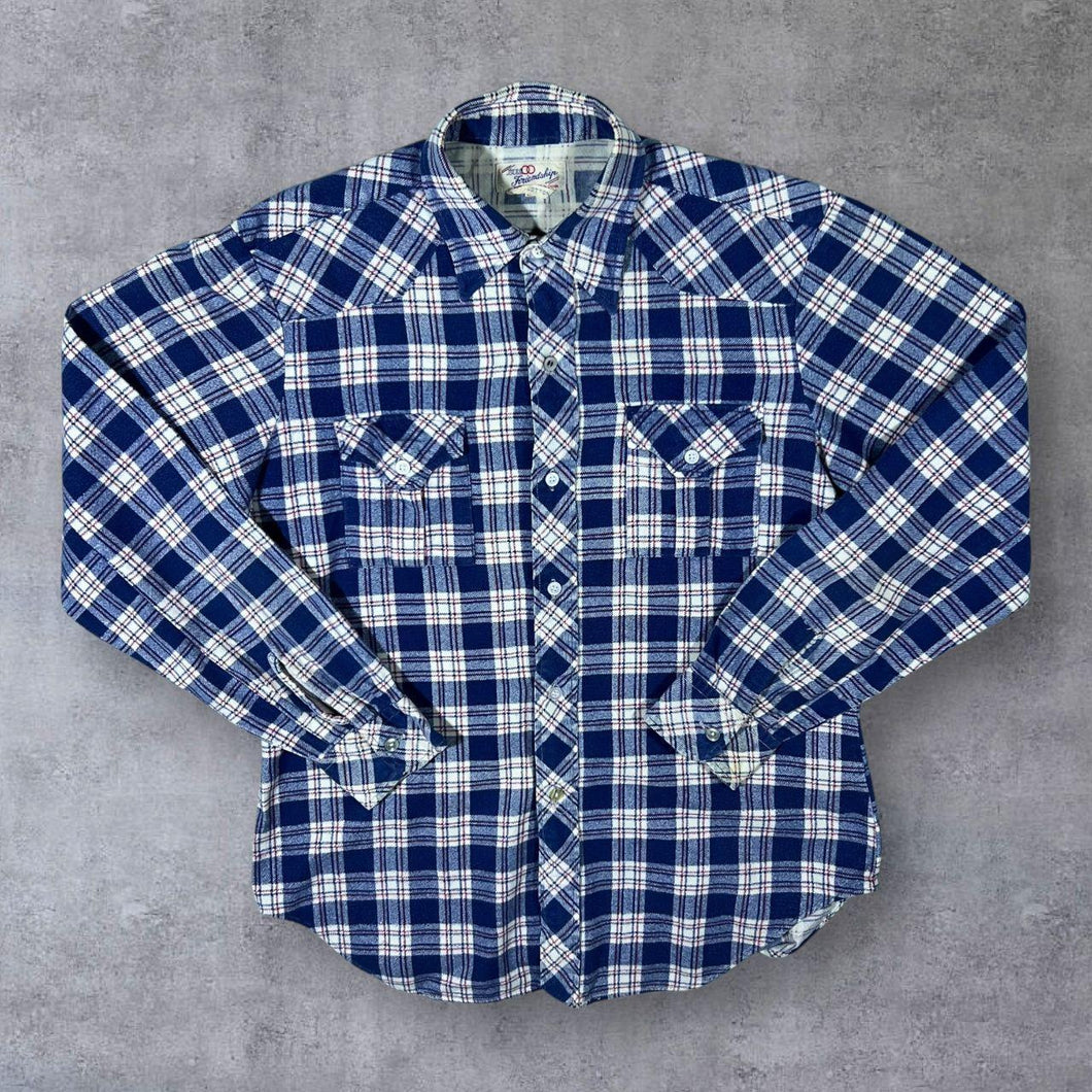 Vintage Friendship Blue Red White Plaid Check Long Sleeve Cotton Flannel Shirt