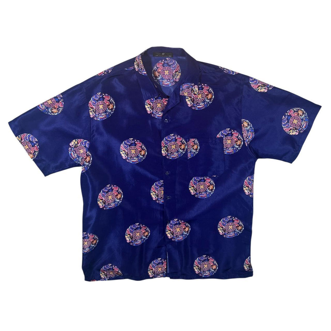 Early 00's Dian Dian Tong Traditional Dragon Gothic Patterned Blue Short Sleeve Shirt