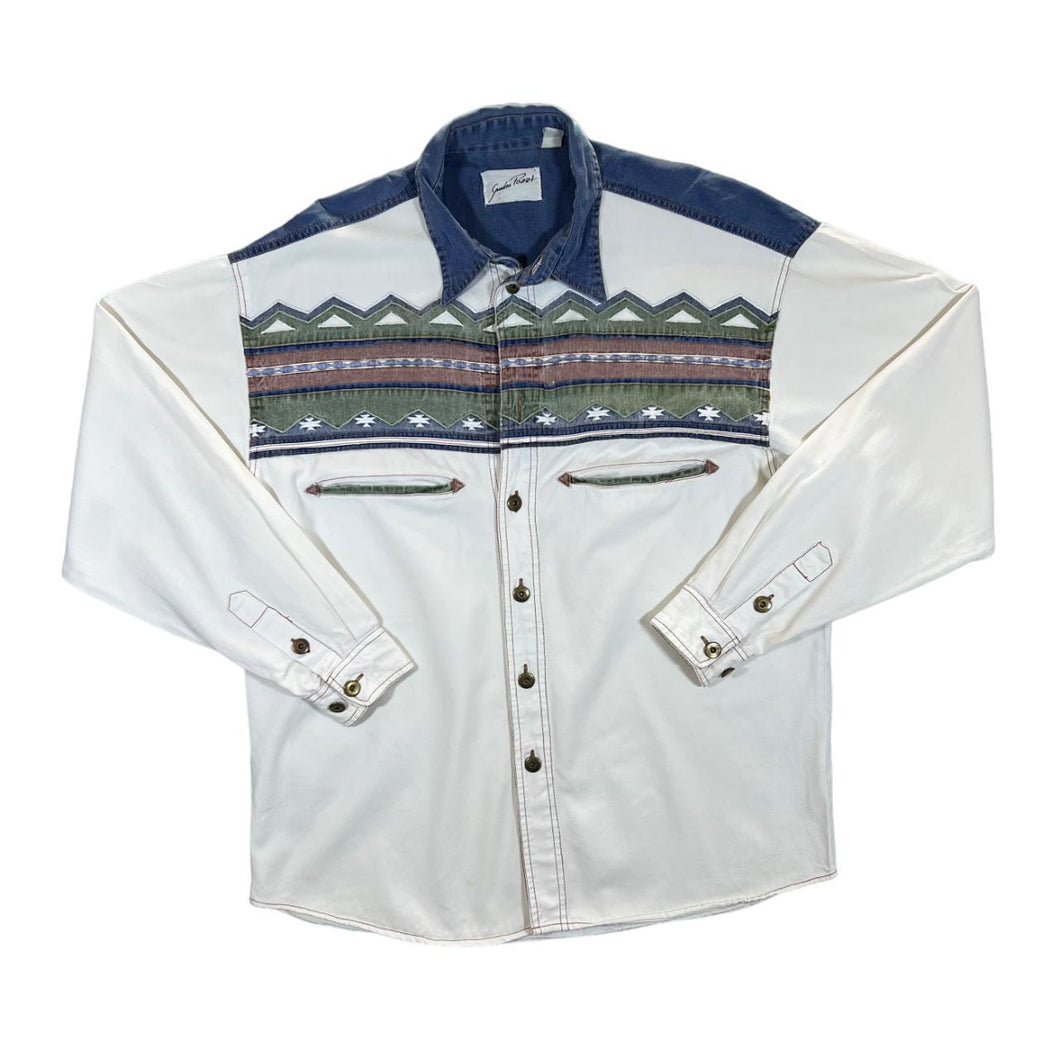 Vintage 90's SANDRO POZZI Denim Aztec Panel Cowboy Western Style Long Sleeve Shirt