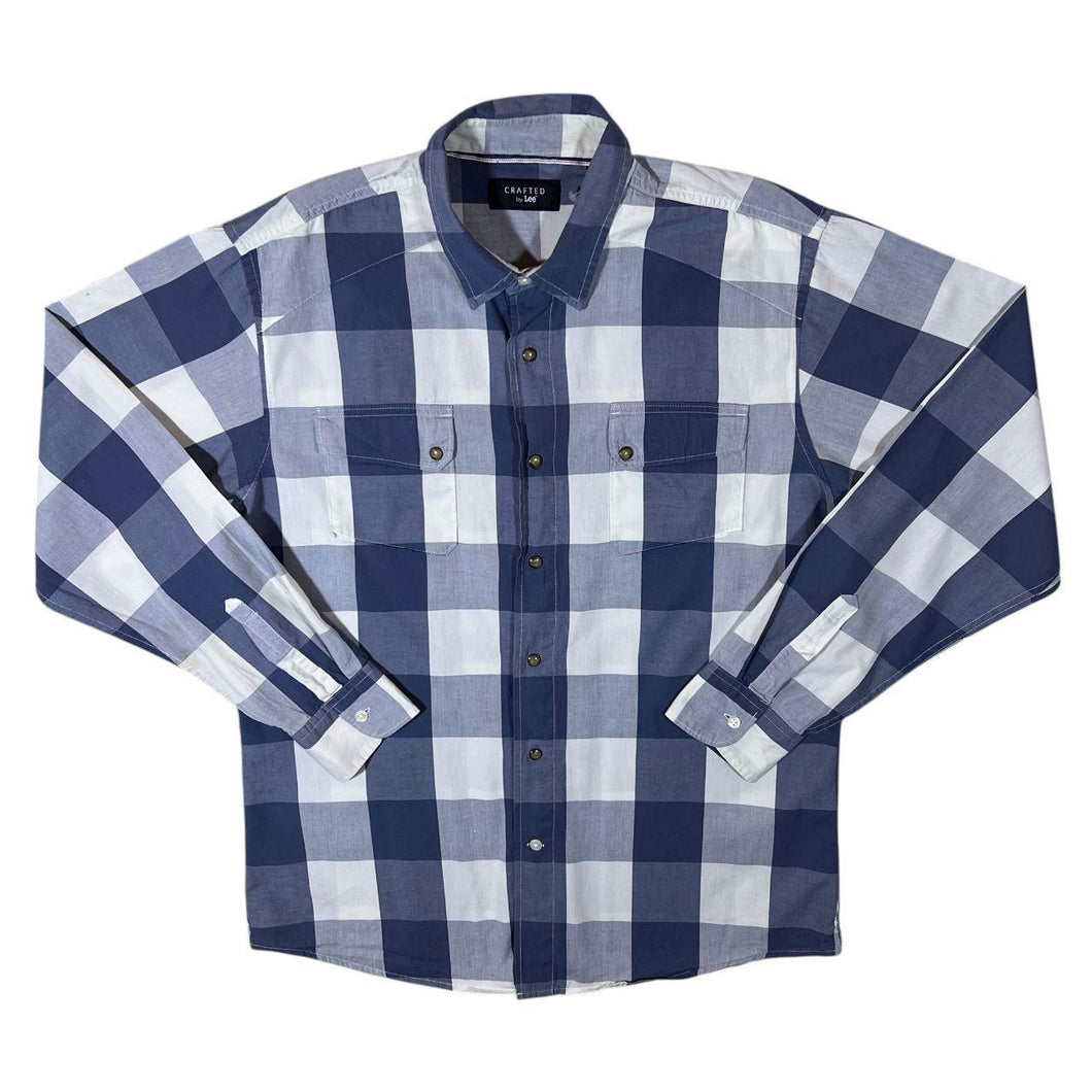 Crafted By Lee Blue White Plaid Check Long Sleeve Cotton Shirt