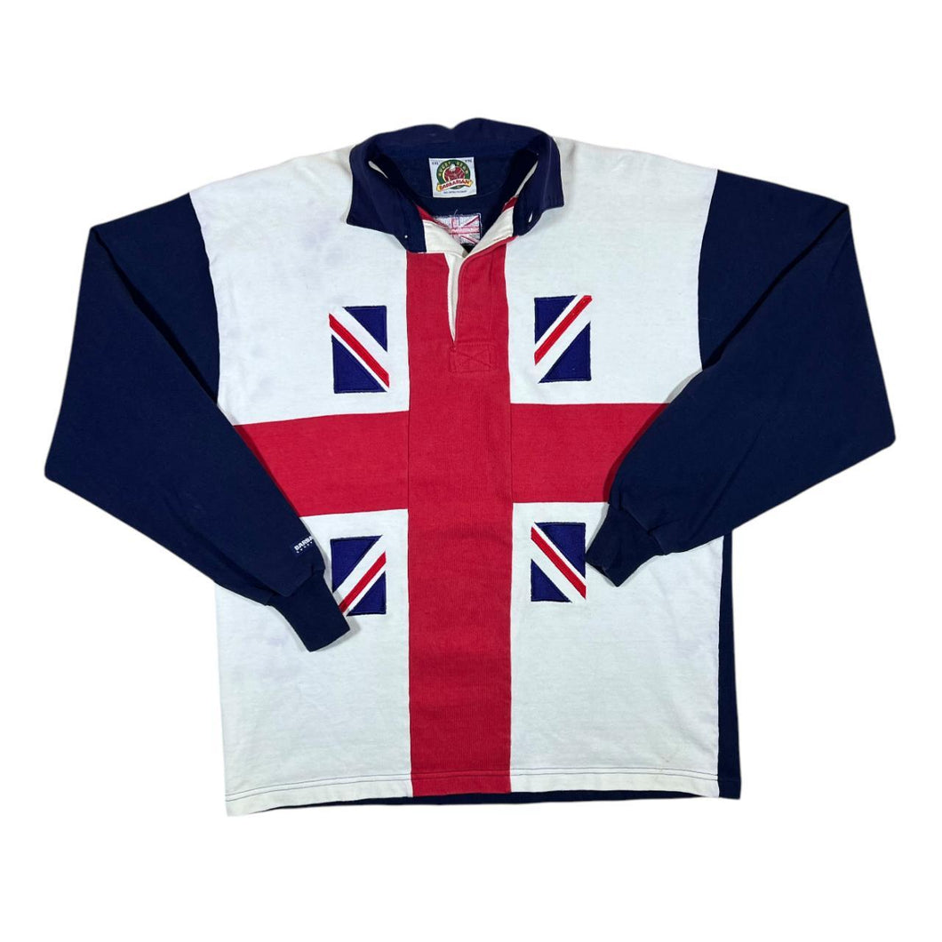 Vintage BARBARIAN Rugby Wear Union Jack Flag Colour Block Long Sleeve Rugby Polo Shirt