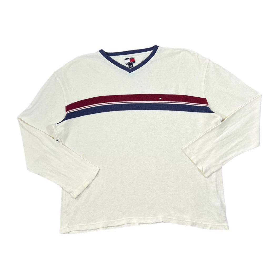 Early 00's TOMMY HILFIGER Classic Striped Mini Logo V-Neck Long Sleeve T-Shirt