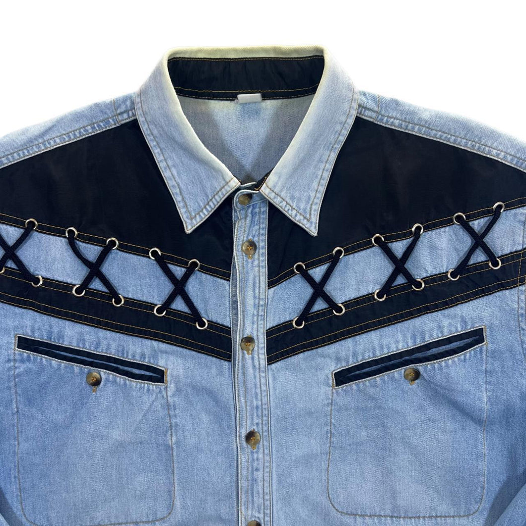 Vintage Cowboy Western Lace Panel Blue Denim Long Sleeve Shirt