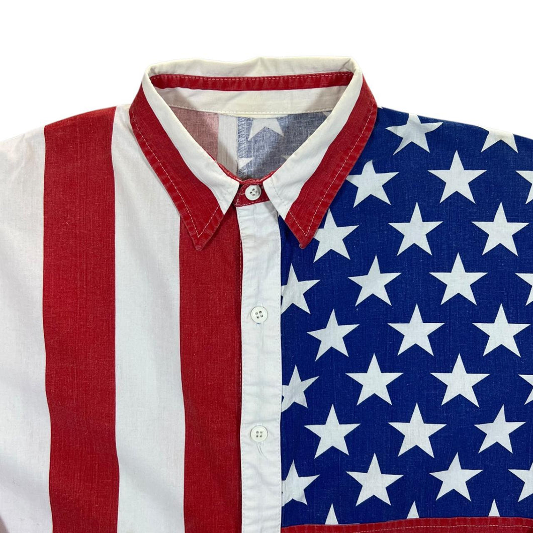 Vintage USA American Flag Stars & Stripes Colour Block Patterned Long Sleeve Shirt