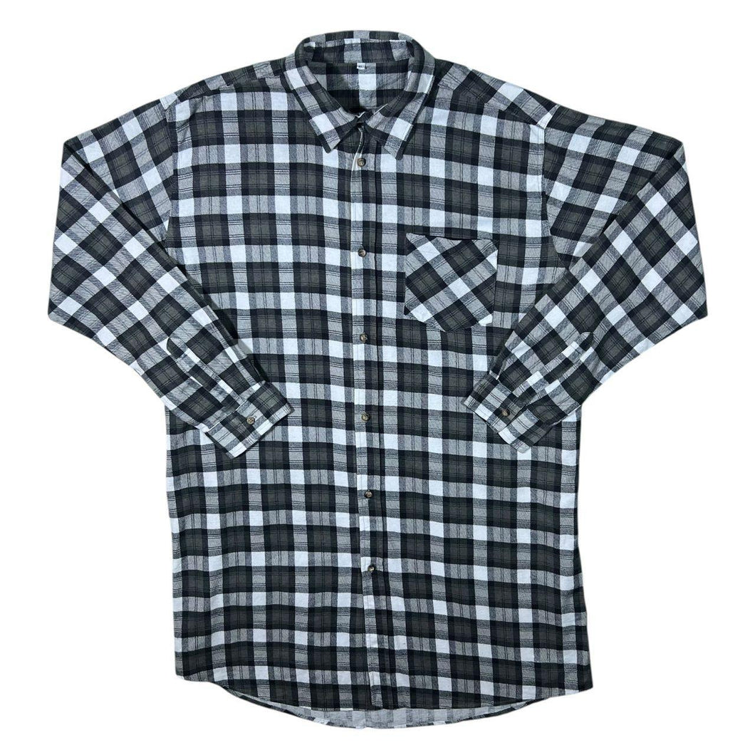 Vintage Black White Grey Plaid Check Cotton Longline Long Sleeve Flannel Shirt