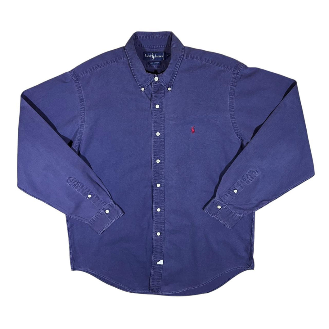 Vintage RALPH LAUREN Classic Navy Blue Mini Logo Long Sleeve Cotton Button-Up Shirt