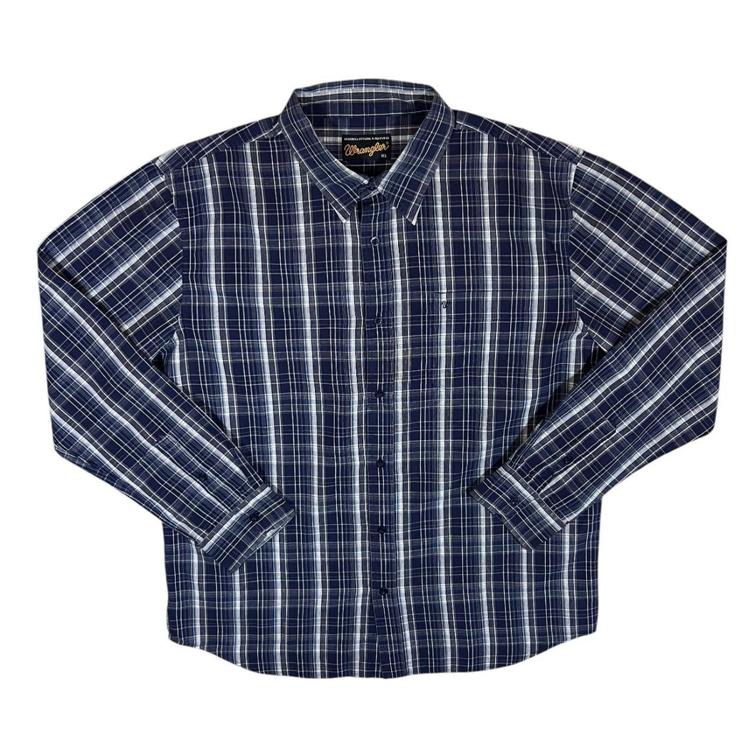 Early 00's WRANGLER Navy Blue Black White Plaid Check Long Sleeve Cotton Shirt