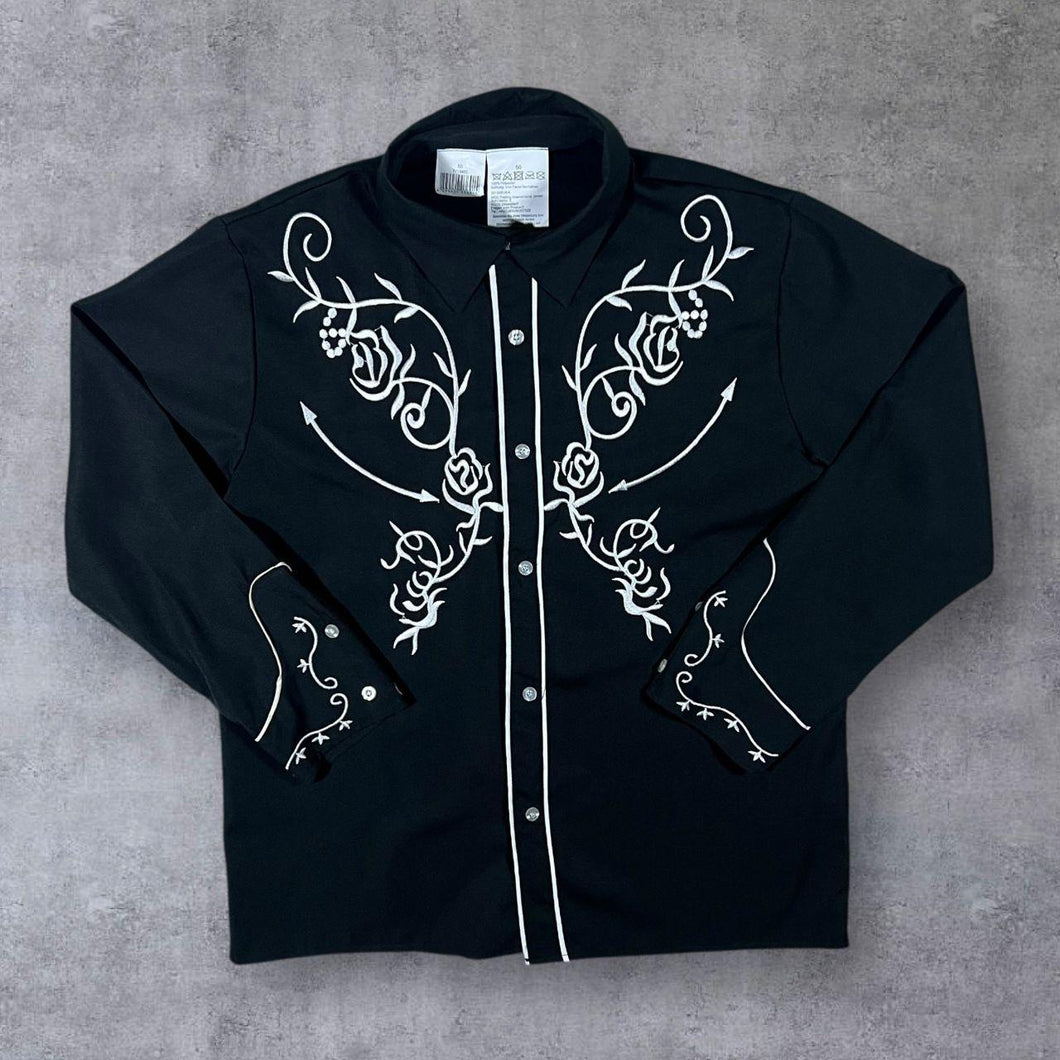 Embroidered Cowboy Western Black Polyester Long Sleeve Shirt