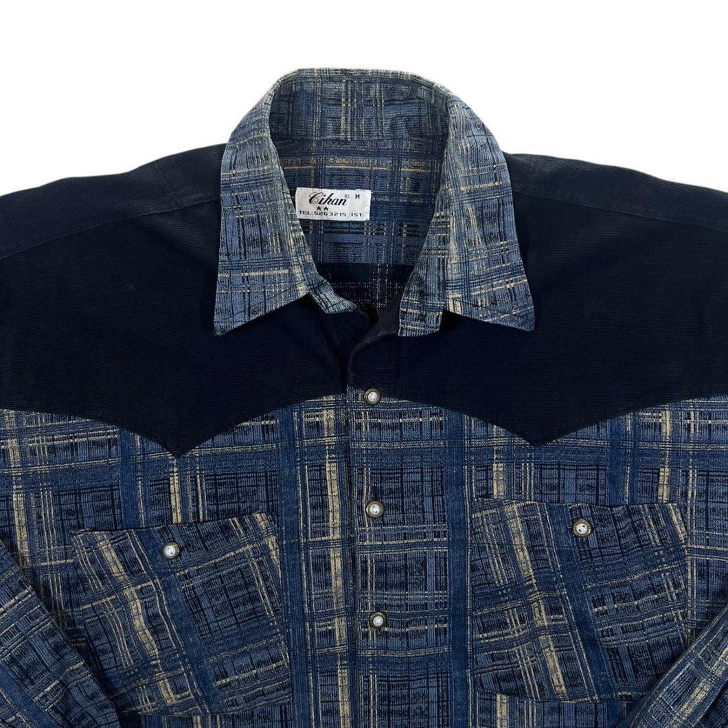 Vintage Cihan Cowboy Western Style Blue Brown Check Long Sleeve Shirt