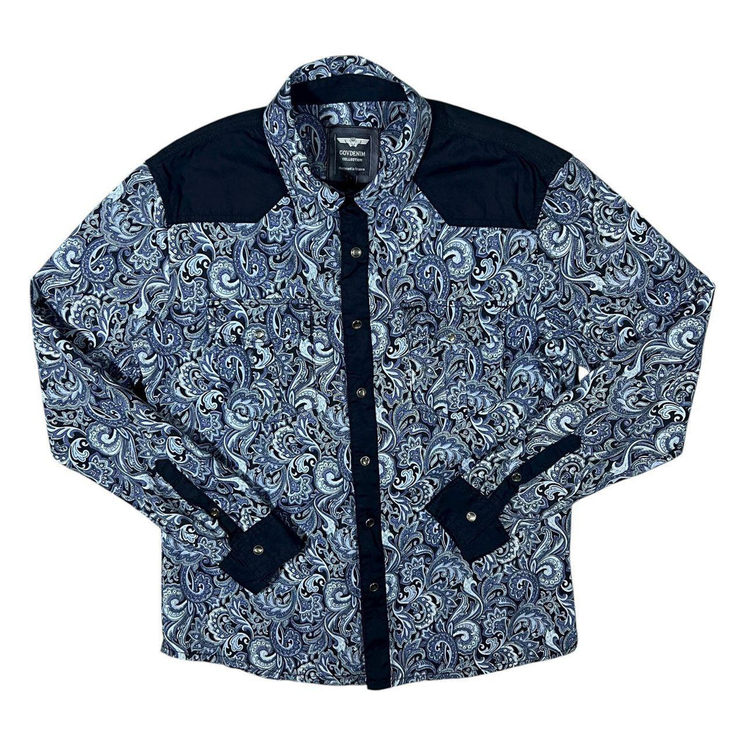 Gov Denim Cowboy Western Paisley Patterned Popper Cotton Long Sleeve Shirt