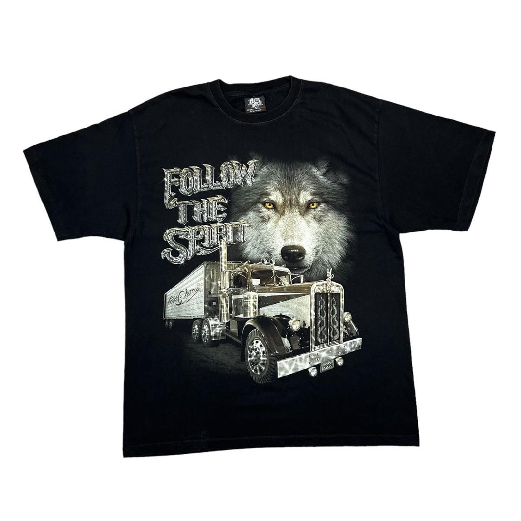 Early 00's Metal Rock FOLLOW THE SPIRIT Wolf Trucker Animal Spellout Graphic T-Shirt