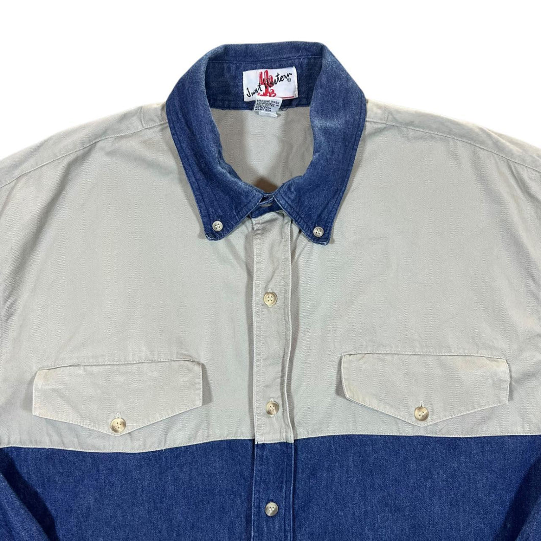 Vintage 90's Just Western Grey Blue Colour Block Long Sleeve Button-Up Shirt