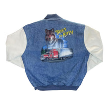 Load image into Gallery viewer, Vintage 90&#39;s BORN TO ROAM Trucker Wolf Biker Graphic Denim Varsity Bomber Jacket
