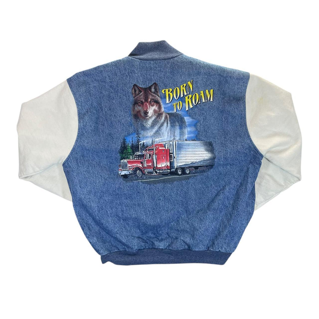 Vintage 90's BORN TO ROAM Trucker Wolf Biker Graphic Denim Varsity Bomber Jacket