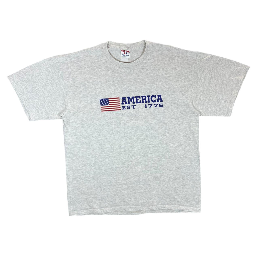 Vintage Tee Jays AMERICA Flag Patriotic Souvenir Spellout Graphic Grey T-Shirt